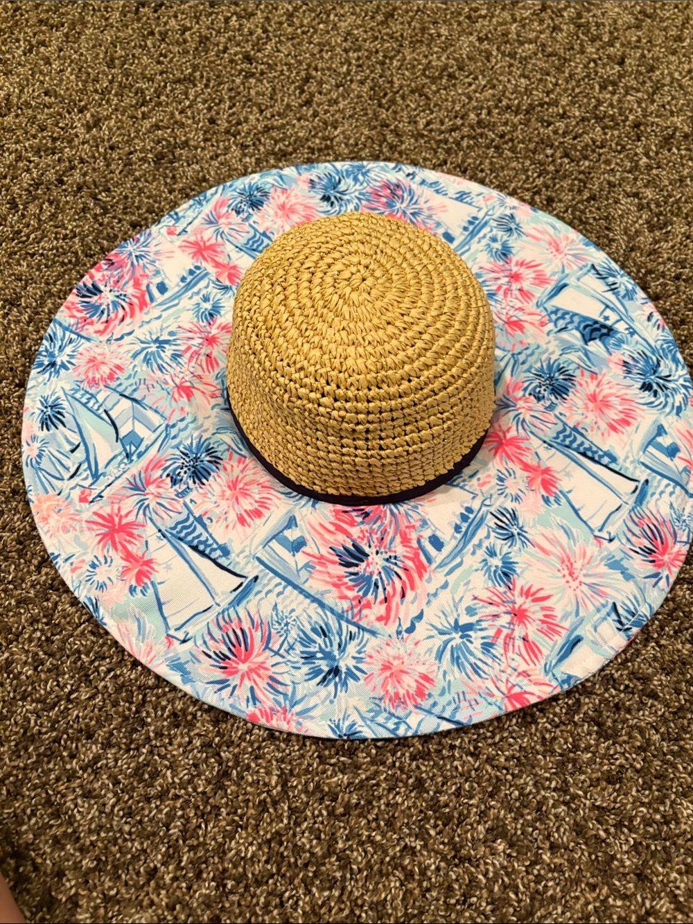 Lily Pulitzer Straw Sun Hat with Pink & Blue Floral Sailboat Brim